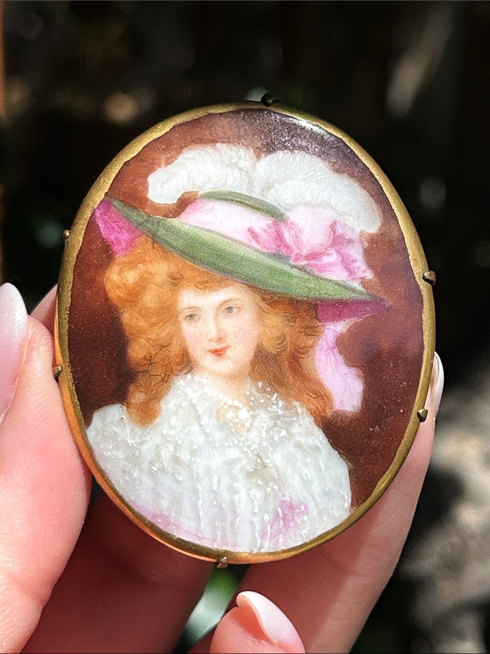 Antique Hand-painted Portrait Cameo Brooch in Green & Pink